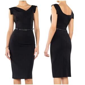 Black Halo NWT Classic Jackie O Sheath Dress Black Size 16 Belted Tab Sleeve